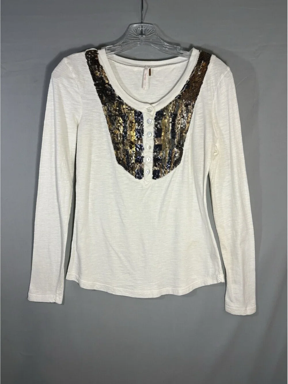 Free People Cream Sequin Bib Henley Top Women’s Small Long Sleeve Boho Eclectic